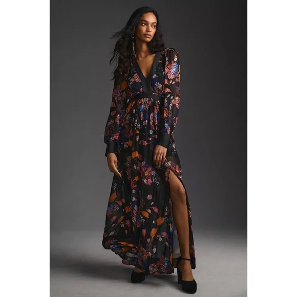 Anthropologie Maeve Deep-V Printed Maxi Dress